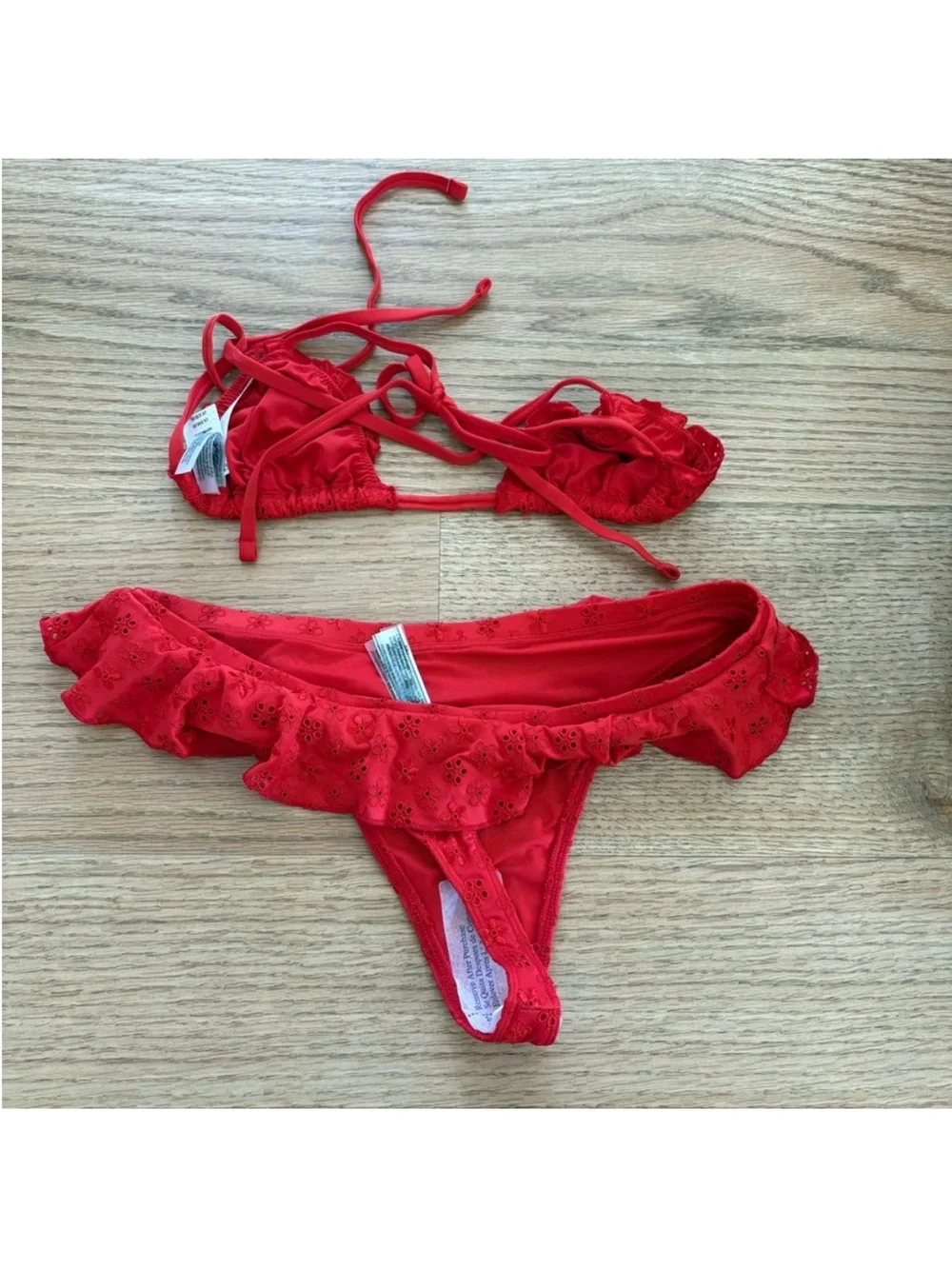 Frankie's Bikinis Red Ruffle Eyelet Triangle Bikini Set